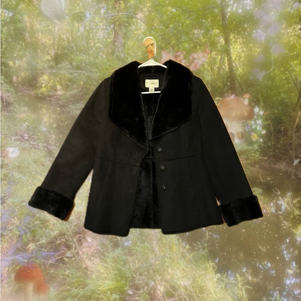 White House Black Market black suede coat w/ fur lining